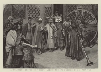 A Religious Custom in Thibet, Lepchi Priests Dressed for a Festival